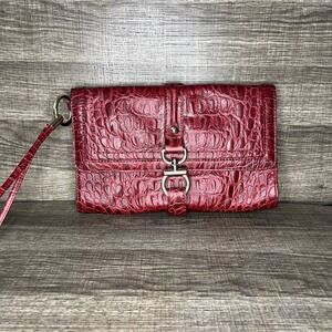 Talbots Burgundy Crocodile Embossed Leather Wristlet Clutch Bag‎ Red Maroon